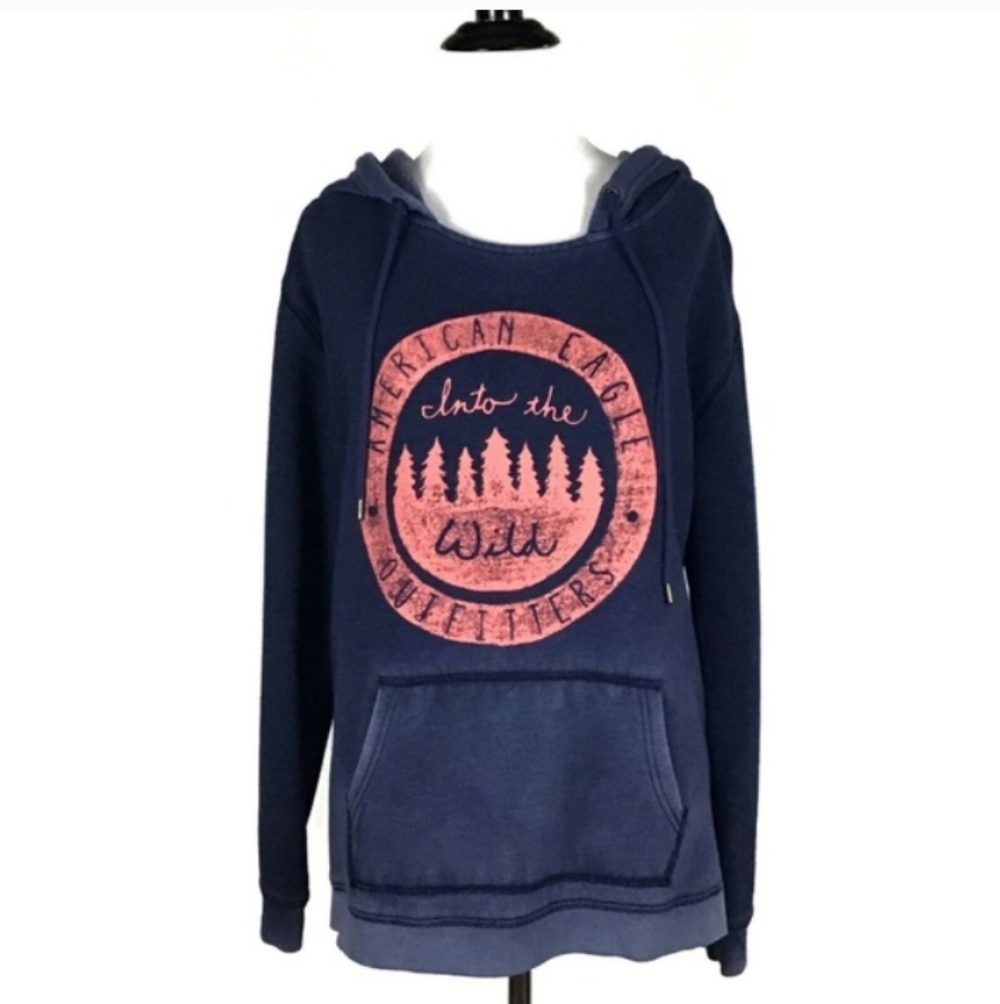American Eagle Blue Coral Pink Distressed Into The Wild Graphic Hoodie Women's